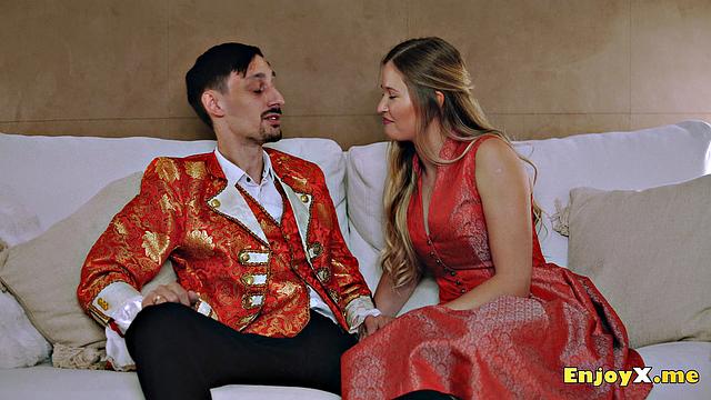 Depravity light-haired deepthroats stiffy in tight tights, worships asshole