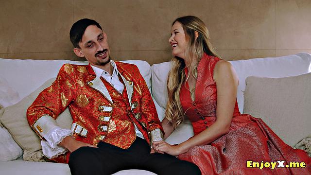 Depravity light-haired deepthroats stiffy in tight tights, worships asshole