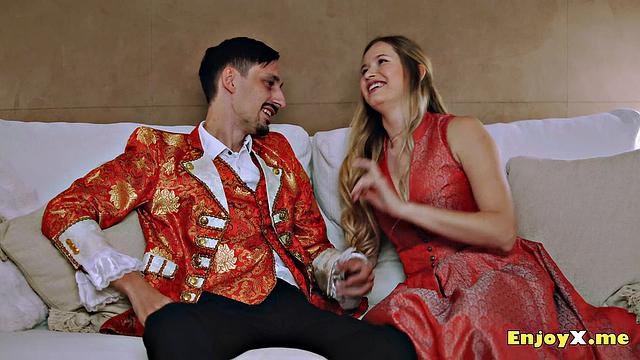 Depravity light-haired deepthroats stiffy in tight tights, worships asshole