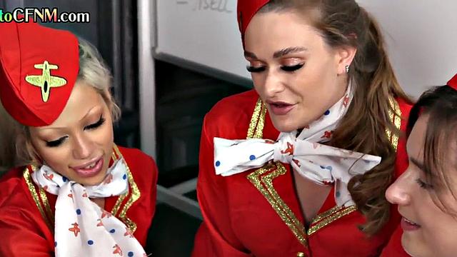 CFNM stewardesses suck guy in group BJ in classroom