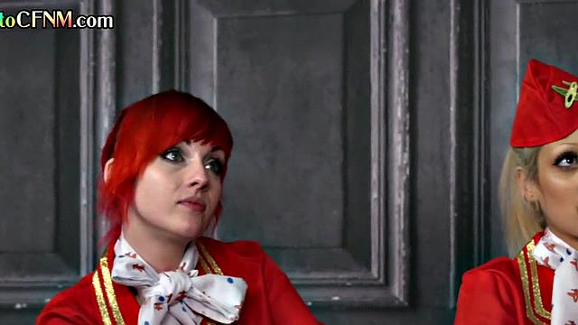 CFNM stewardesses suck guy in group BJ in classroom