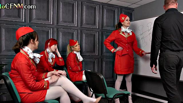 CFNM stewardesses suck guy in group BJ in classroom