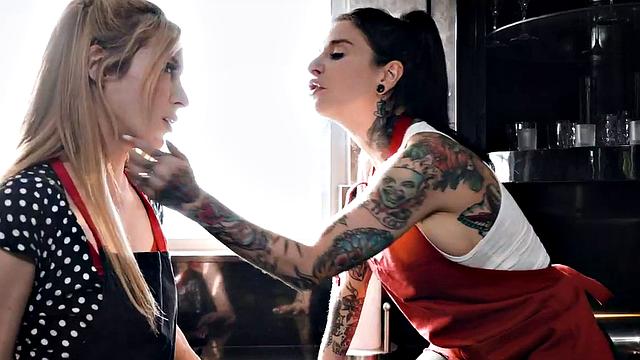 Kinky stepsisters in glasses and tattoos lick and finger each other's wet pussies