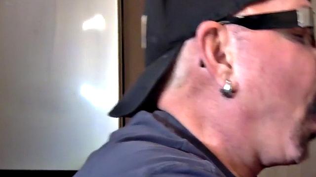 Homemade gloryhole DILF sucks cock at home in closeup