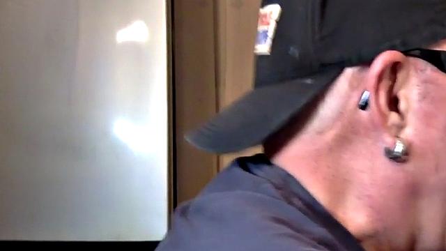 Homemade gloryhole DILF sucks cock at home in closeup