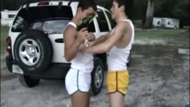 Latin twinks Azz Rico and Roger Rodriguez have a water fight. Then Azz starts sucking on Roger's ten-inch cock. After some ass play, Azz slides his uncut dick up Roger's ass and enjoys various positions.