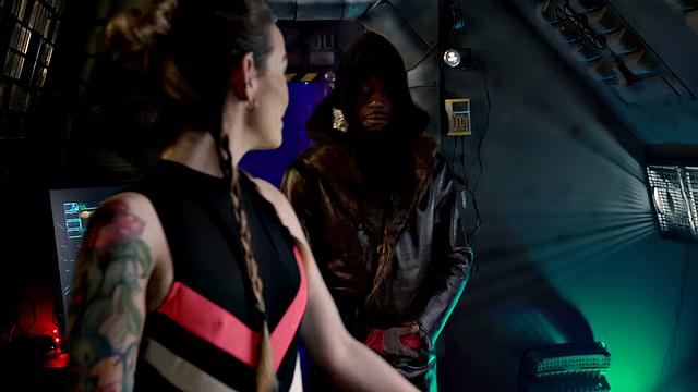 Interracial cowgirl action with a skinny black babe and a smile on her face