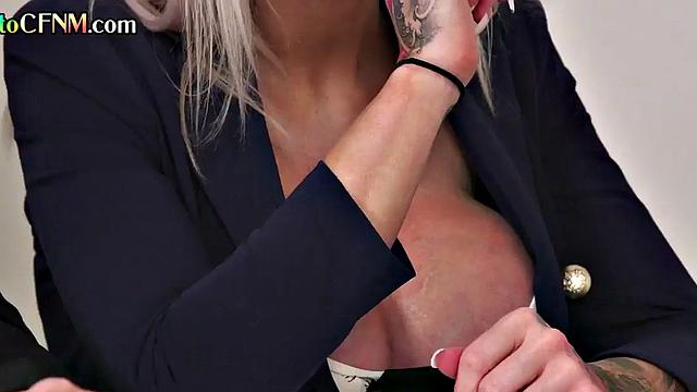 CFNM British femdom secretaries give group blowjob in office