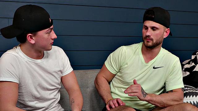 Tattooed stud bareback banged by BF on couch after kissing