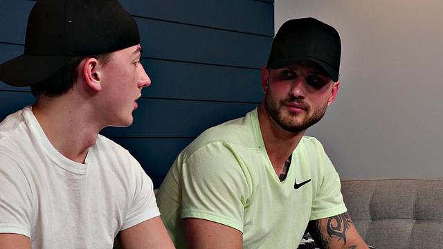 Tattooed stud bareback banged by BF on couch after kissing