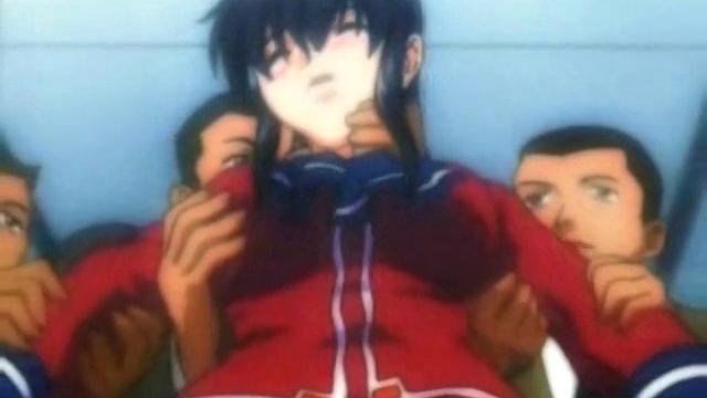 Brunette schoolgirl with glasses gets groped & fucked by a group of men in anime & cartoon style