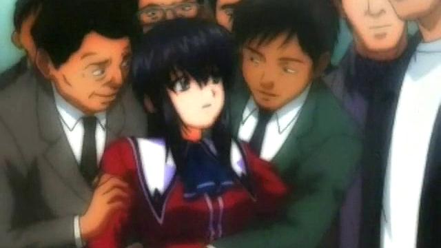 Brunette schoolgirl with glasses gets groped & fucked by a group of men in anime & cartoon style