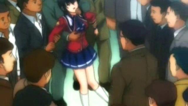 Brunette schoolgirl with glasses gets groped & fucked by a group of men in anime & cartoon style