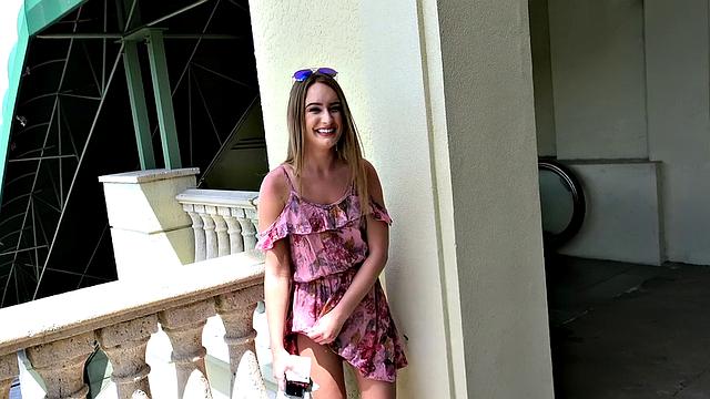 Blonde bombshell flaunts small tits & gives a steamy outdoor blowjob