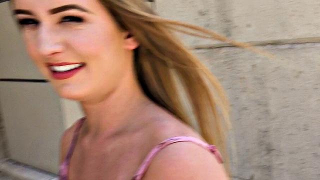 Blonde bombshell flaunts small tits & gives a steamy outdoor blowjob