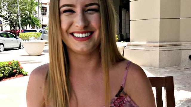 Blonde bombshell flaunts small tits & gives a steamy outdoor blowjob