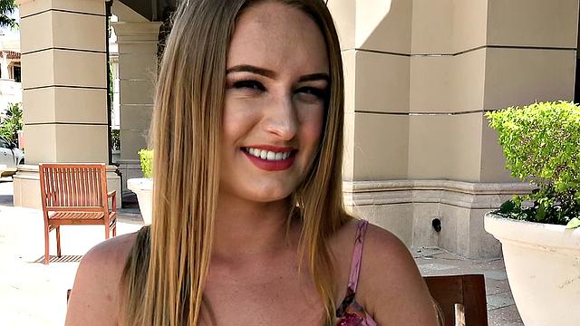 Blonde bombshell flaunts small tits & gives a steamy outdoor blowjob