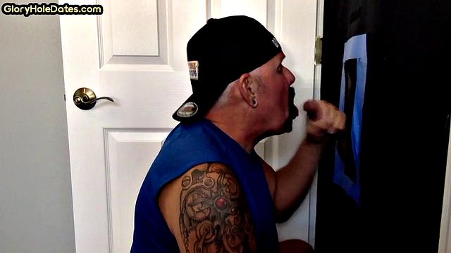 Gloryhole DILF eats cum after deep sucking in job