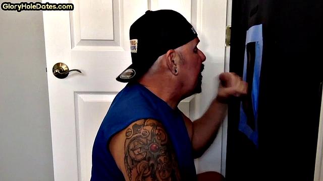 Gloryhole DILF eats cum after deep sucking in job