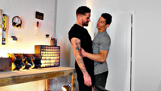 Cocksucking stud barebacked on motor by inked BF