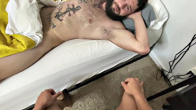 Tattooed hairy bottom POV bareback fucked by his BF
