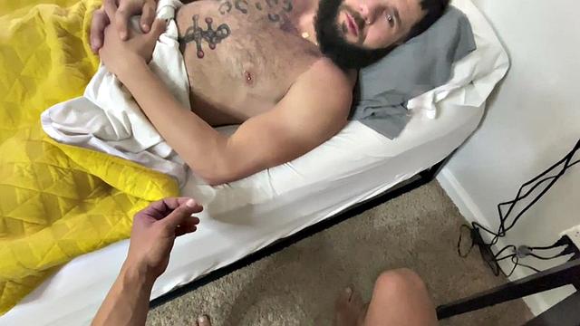 Tattooed hairy bottom POV bareback fucked by his BF