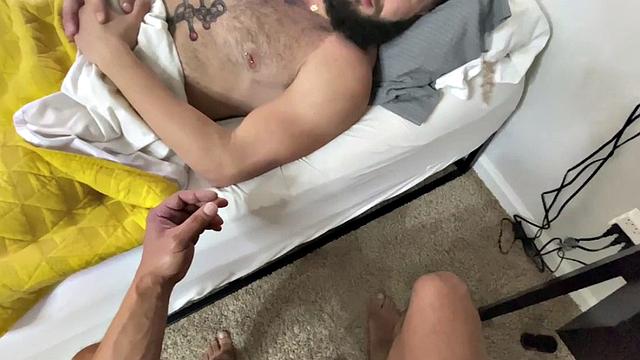 Tattooed hairy bottom POV bareback fucked by his BF