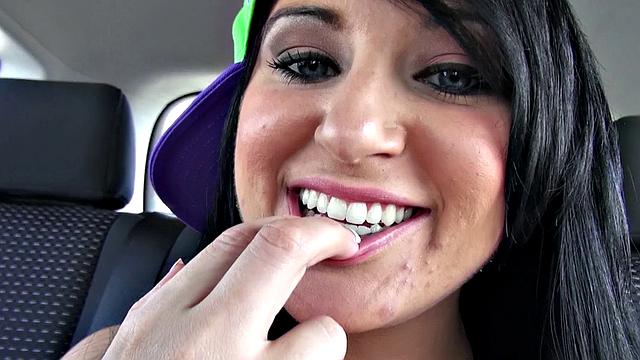 Brunette bombshell enjoys outdoor car sex with her toys and big tits