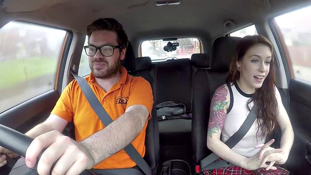 Young seduction: pierced redhead student bangs her instructor in car while driving