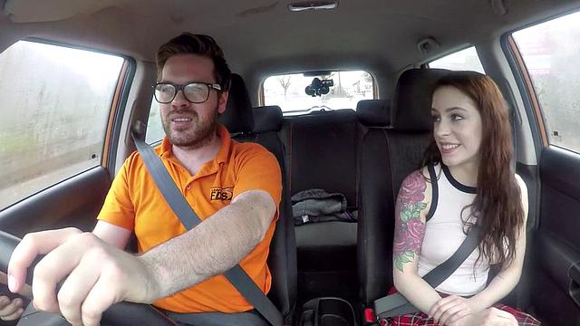 Young seduction: pierced redhead student bangs her instructor in car while driving