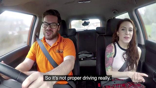 Young seduction: pierced redhead student bangs her instructor in car while driving