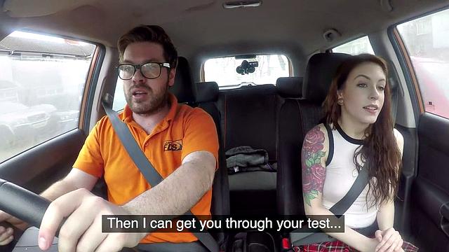 Young seduction: pierced redhead student bangs her instructor in car while driving