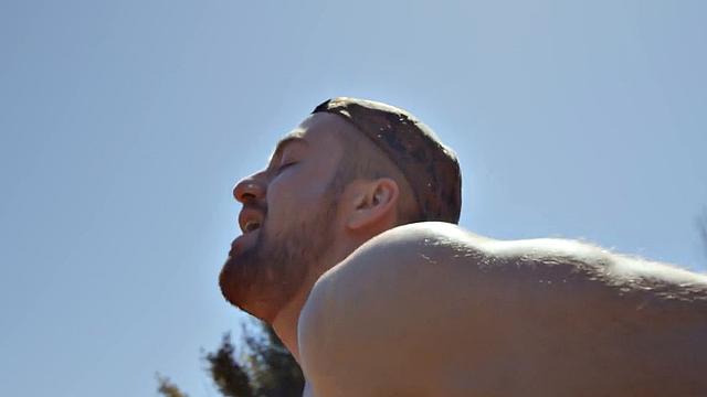 Bearded gay fucks jock in forest on quad