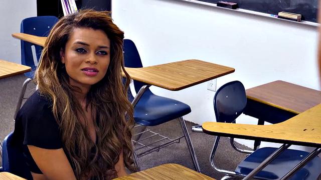 Lesbo college babe scissoring teacher in classroom