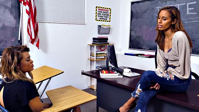 Lesbo college babe scissoring teacher in classroom