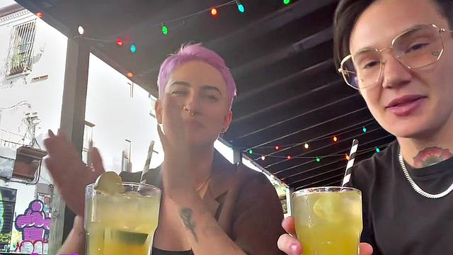 Amateur tattooed lez licks pussy at home after kissing