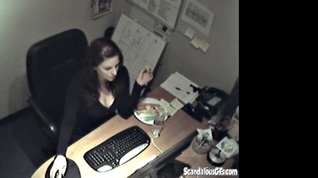 Secretary rubbing her tits and masturbating