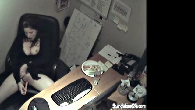 Secretary rubbing her tits and masturbating