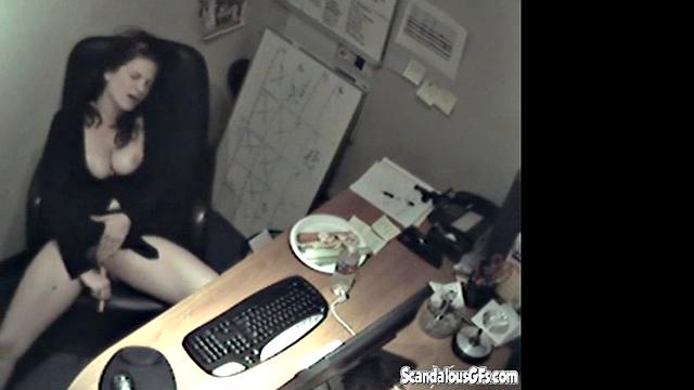Secretary rubbing her tits and masturbating