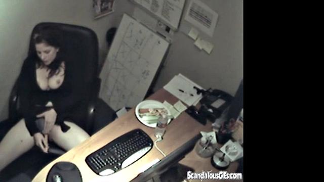 Secretary rubbing her tits and masturbating