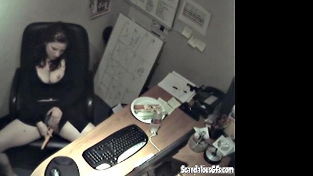 Secretary rubbing her tits and masturbating