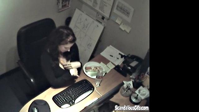 Secretary rubbing her tits and masturbating
