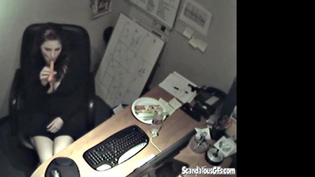 Secretary rubbing her tits and masturbating