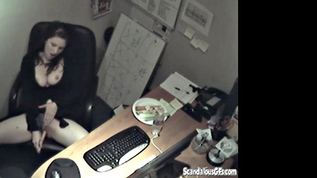 Secretary rubbing her tits and masturbating