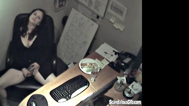 Secretary rubbing her tits and masturbating