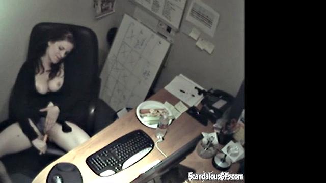 Secretary rubbing her tits and masturbating