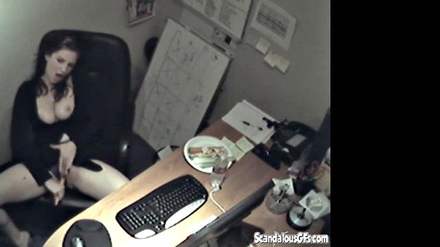 Secretary rubbing her tits and masturbating