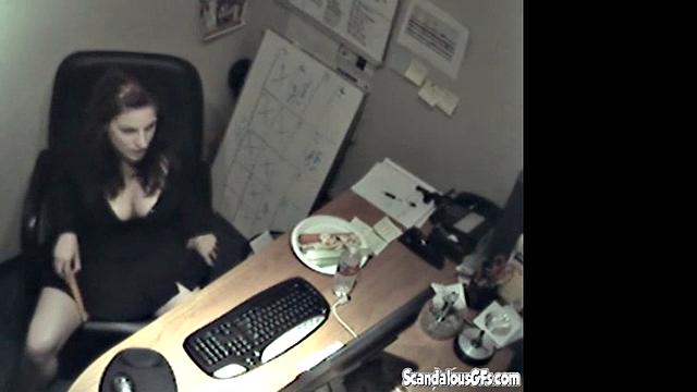 Secretary rubbing her tits and masturbating