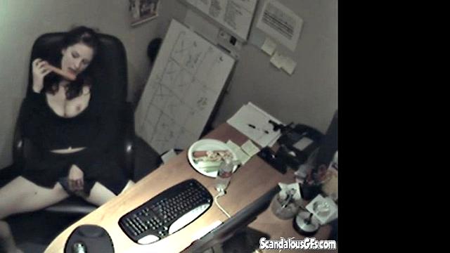 Secretary rubbing her tits and masturbating