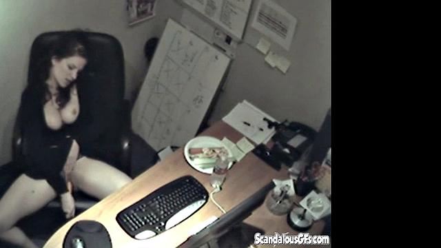 Secretary rubbing her tits and masturbating